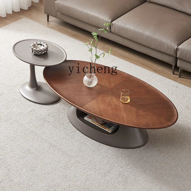 YFY Nordic modern oval coffee table combination home living room creative natural walnut pattern retro coffee table