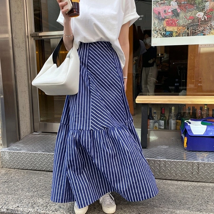 

REALEFT Vintage Striped Patchwork Women's Loose A-line Skirts 2025 Spring Summer New High Waist Casual Long Skirts Female