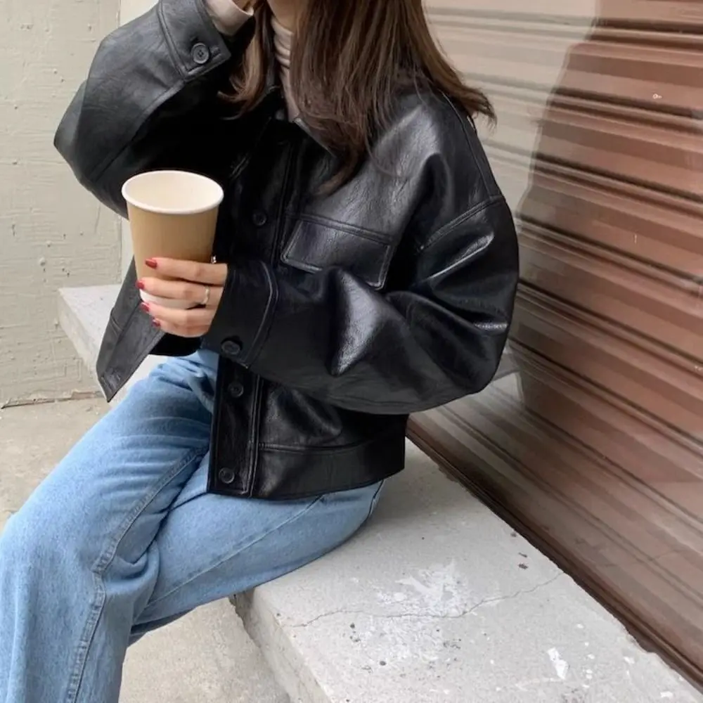 Comfortable Lapel Collar Leather Jacket Women Outerwear Retro Vintage PU Coats Korean Chic Windbreaker Jackets Streetwear
