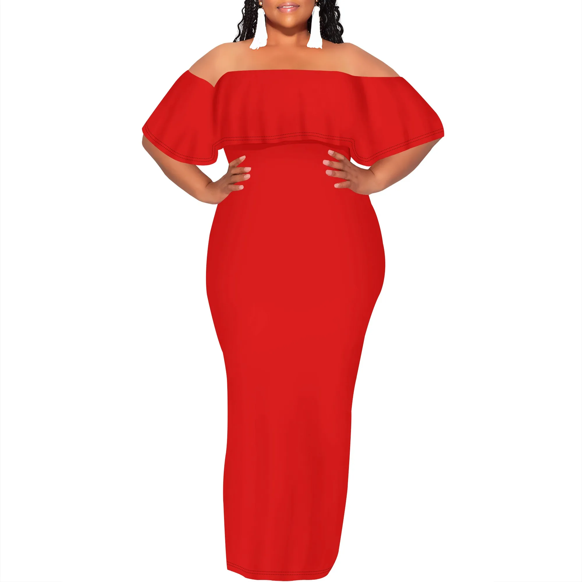

Curvy Women Casual Solid Color Off Shoulder Casual Short Sleeve Sexy Plus Size Maxi Dress Cocktail Club Party Dresses
