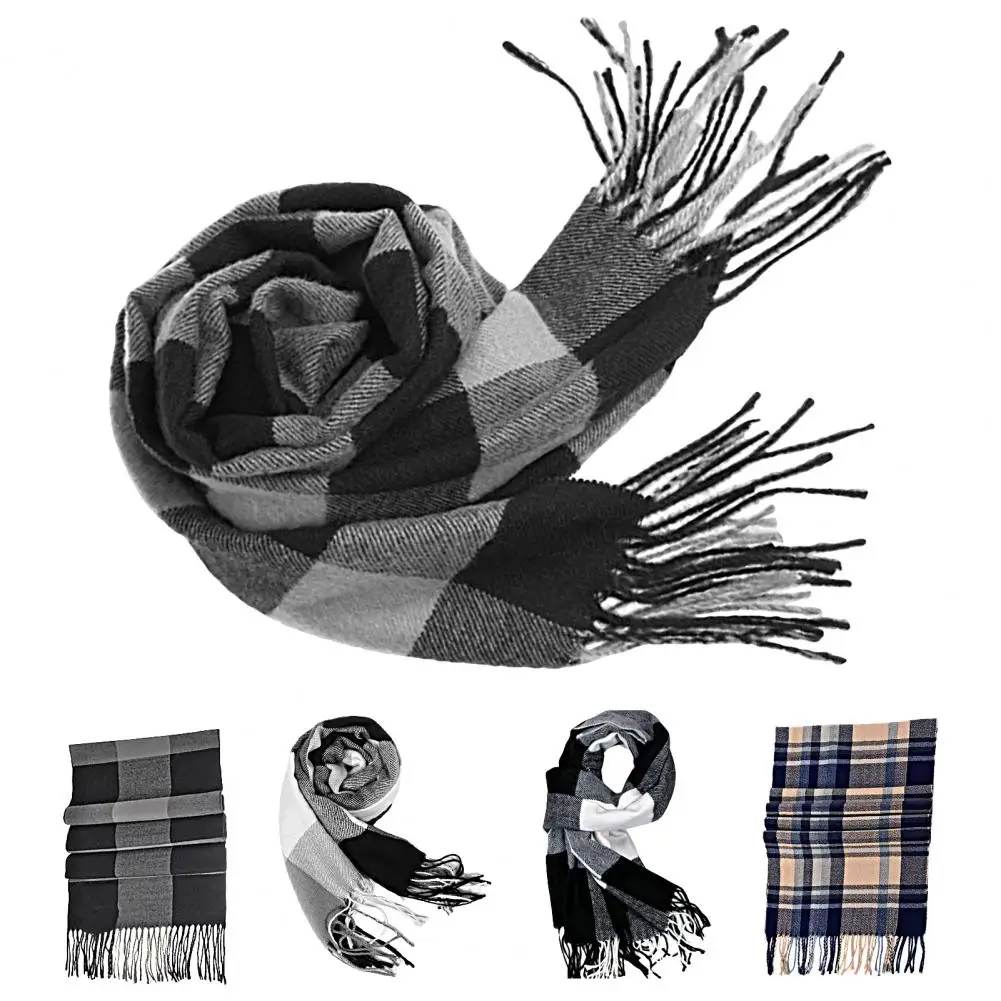 

Winter Scarf Windproof Breathable Soft Contrast Color Tassel Keep Warm Patchwork English Stylish Washable Men Muffler for Outdoo