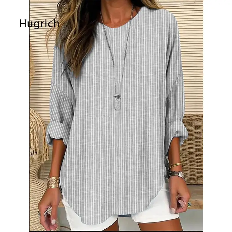 Women's Striped Round Neck Blouse Roll Up 3/4 Sleeve Loose Fit Tunic Top Casual Daily Vacation Street Wear With Curved Hem Desig