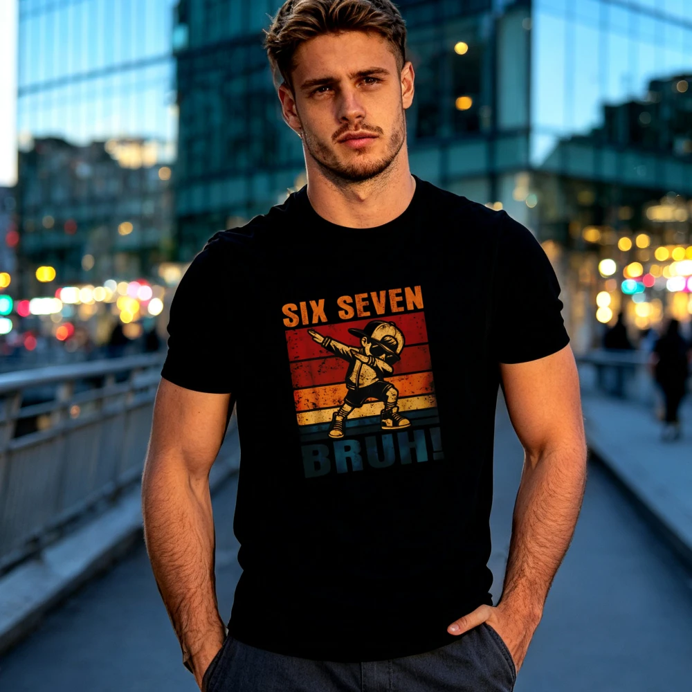 Kids Short Sleeve T Shirt Six Seven Bruh Dab Dance Cartoon Figure Retro Stripe Print Crew Neck Casual Tees For Boys Vintage Hip