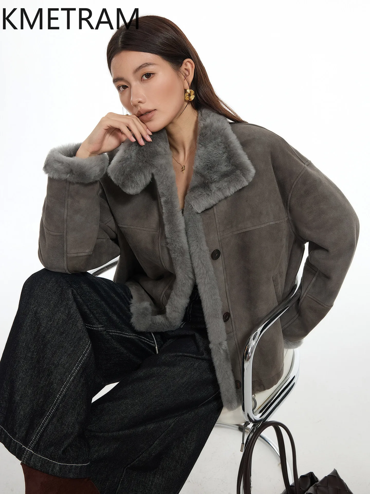 

KMETRAM Natural Merino Sheepskin with Wool Attached Jackets Short Loose Coats 62cm Winter Real Fur Coat Woman Clothing 2026 шуба