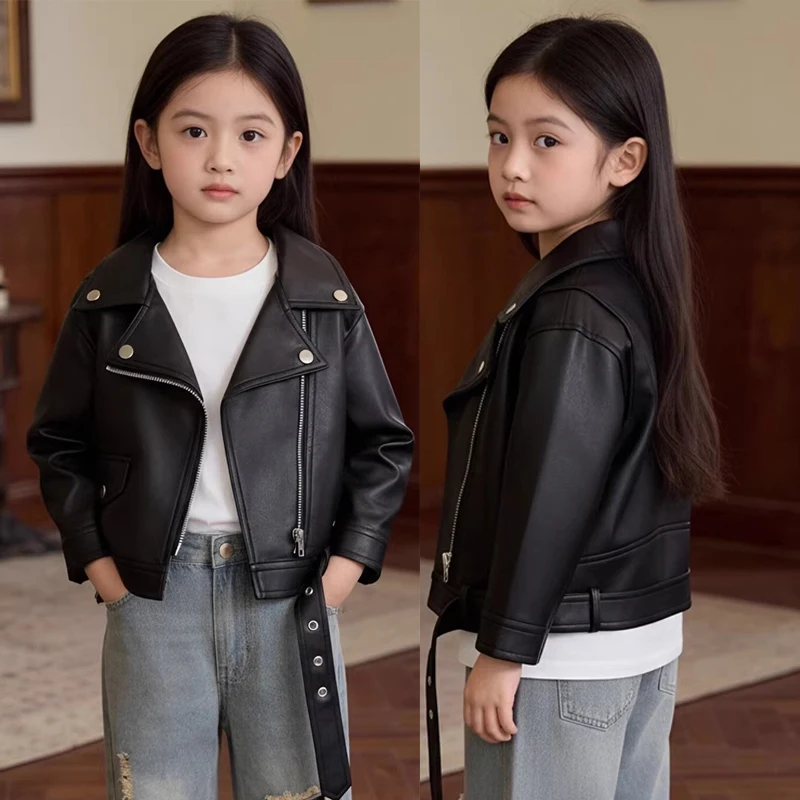New Fashion Girls Artificial Leather Jacket Lapel Zipper Waterproof And Stain-resistant Spring Autumn Coat For 2-8 Years Kids