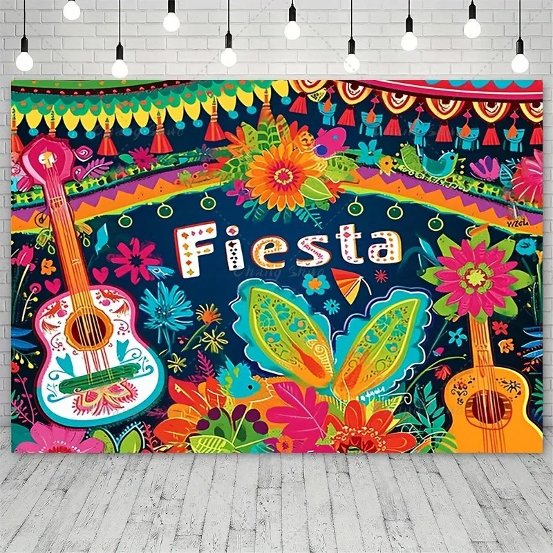 Mexican style theme backdrop cloth carnival party cake table decoration banner guitar photography background props