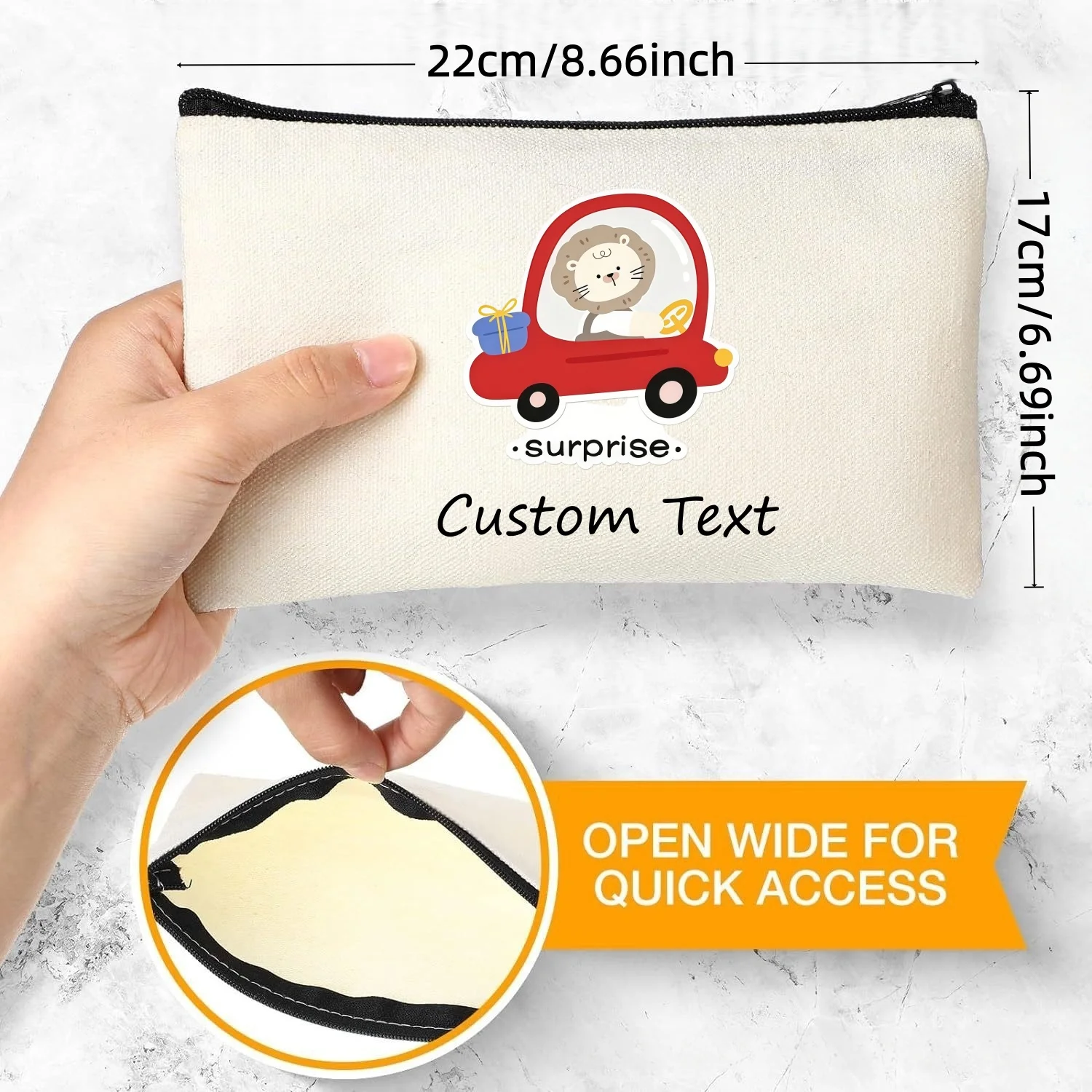 1PC Custom Text Cute Lion Driving Red Car Surprise Cosmetic Bag Personalized Canvas Zipper Makeup Pouch