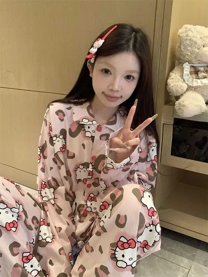 Sanrio Leopard Print HelloKitty Pajamas Women Spring and Autumn Long Sleeves Trousers Loose Comfortable Girly Pajamas KawaiiGift