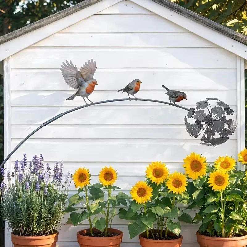 Metal Wrought Iron Robin Dandelion, Garden Stake Outdoor, Yard Plant Pot Marker Sign, Bird Statue Decoration Lawn Ornament, Gift