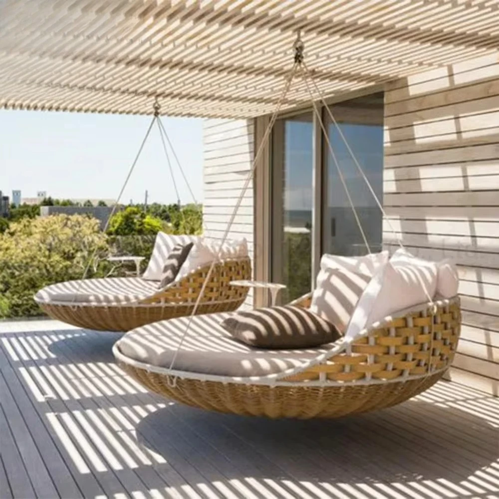 Modern Outdoor Garden Terrace Chaise Lounge Villa Hotel Aluminum Rattan Swing Chaise Lounge Patio Living Room UV Protection