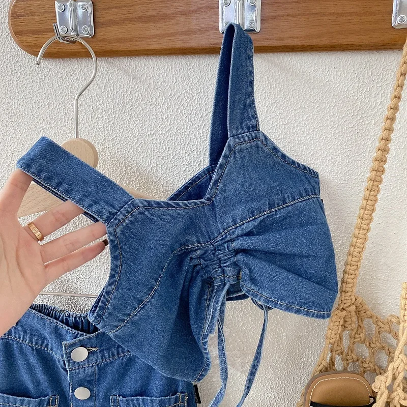 Moda dziewczynka Denim ubrania zestaw półkoszulka z paskiem + spódnica 2 sztuk Kid Jean rysunek ciąg krótki Top garnitur strój ubrania dla dzieci