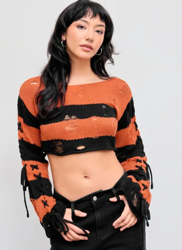 Women Halloween Costume Knit Hollow Out Sweater Long Sleeve Crew Neck Ripped Warm Striped Fall Pullover Sweaters Knitwear