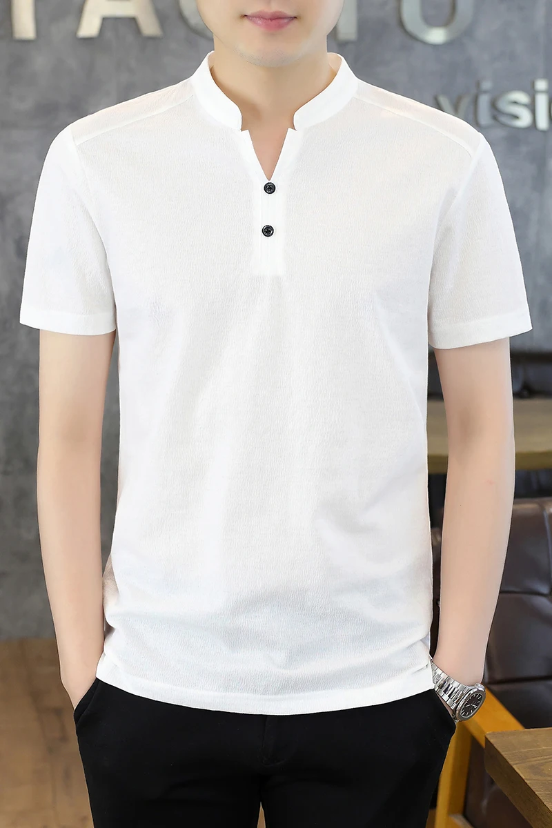 2026 Summer Men's Silk-Linen Peplum Collar Cotton-Linen Short-Sleeved T-Shirt Polo Shirt