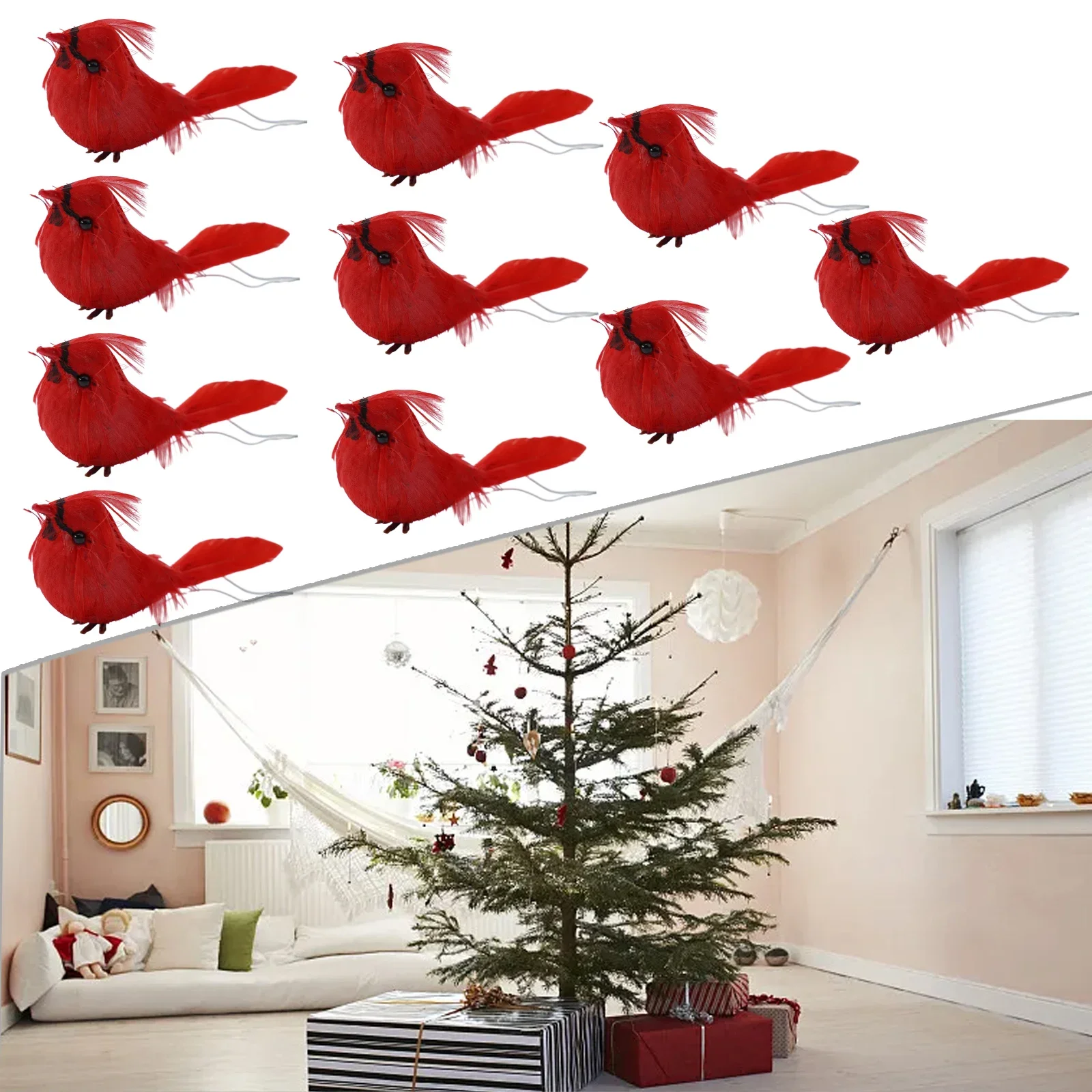 10pcs Artificial Red Birds Imitation Birds Clip-On Feathered Birds Christmas Tree Ornament Foam Xmas Home Garden Decor