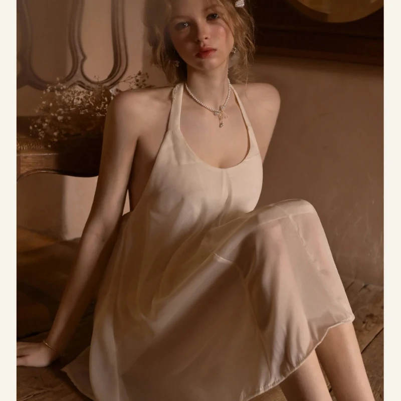 French Nightdress Swinging Collar Halter Neck Backless Sling Nightgowns Summer Ice Silk Pajamas Women's High Quality Sleep Dress