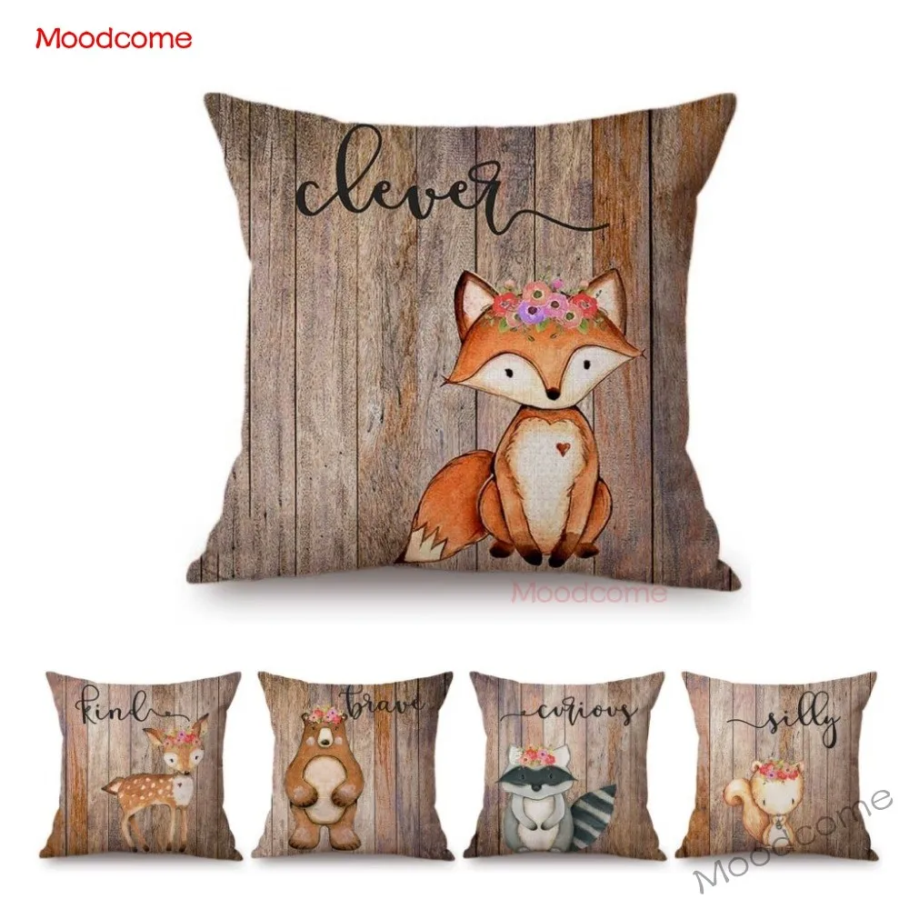 Cute Woodland Animals Wood Texture Baby Nursery Art Sofa Throw Pillow Case Cotton Linen Children Roon Decoration Cushion Cover