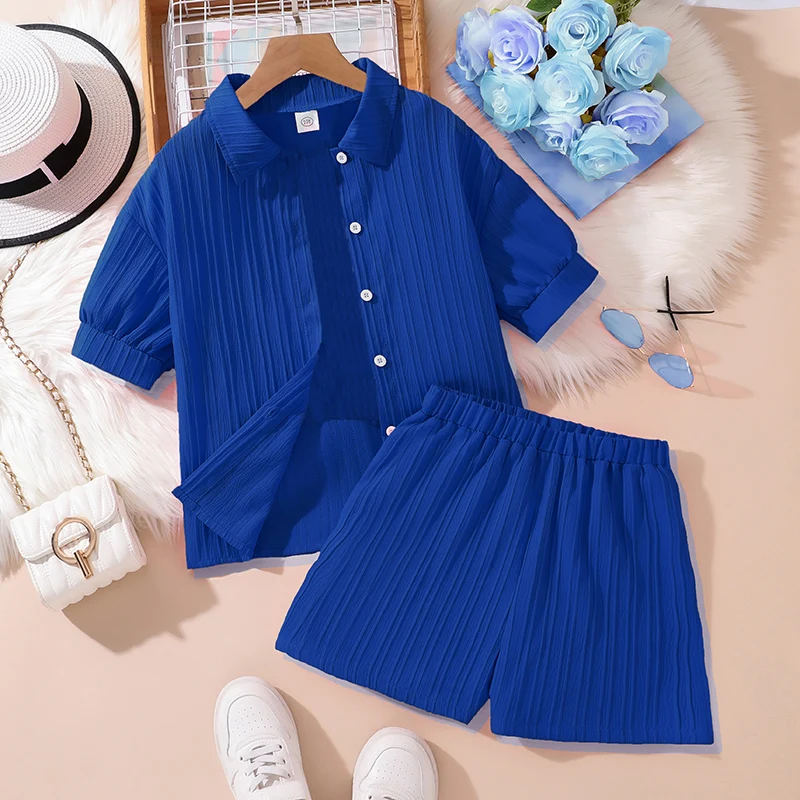 

Girls 8-12 Casual 2-Piece Set, Blue Striped Short Sleeve Shirt & Elastic Waist Shorts, Trendy for Daily Summer Wear