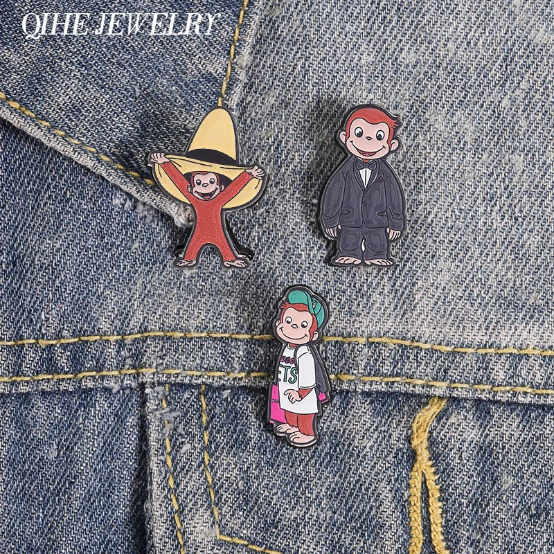Cartoon Neugieriger Affe Emaille-Anstecknadel Klassische Kinderbuch-Broschen Taschen-Reversnadel Tier-Schmuck Geschenk für Kinder Freunde