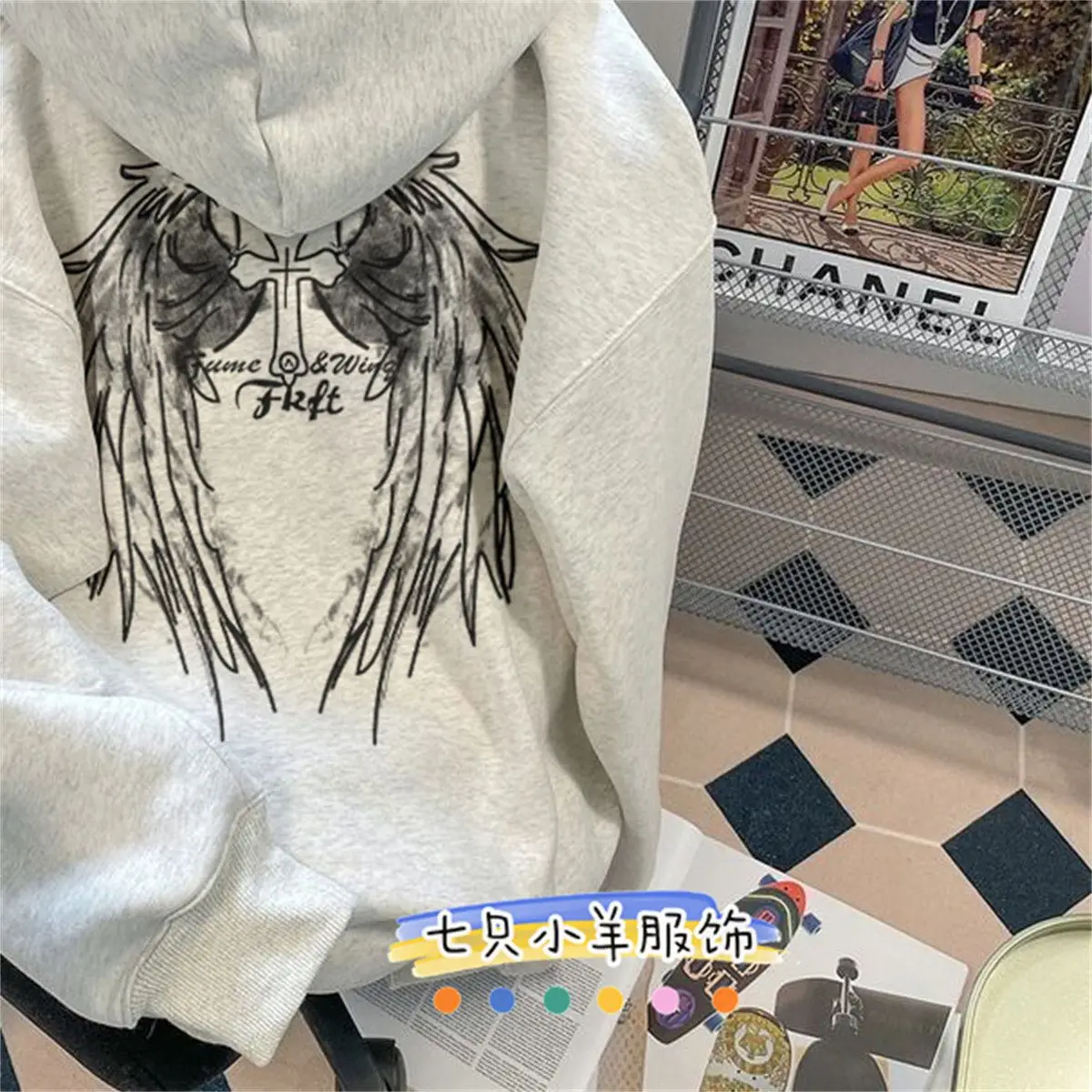 American autumn and winter high street men and women trendy personalized wing print hoodie couple loose casual top harajuku y2k