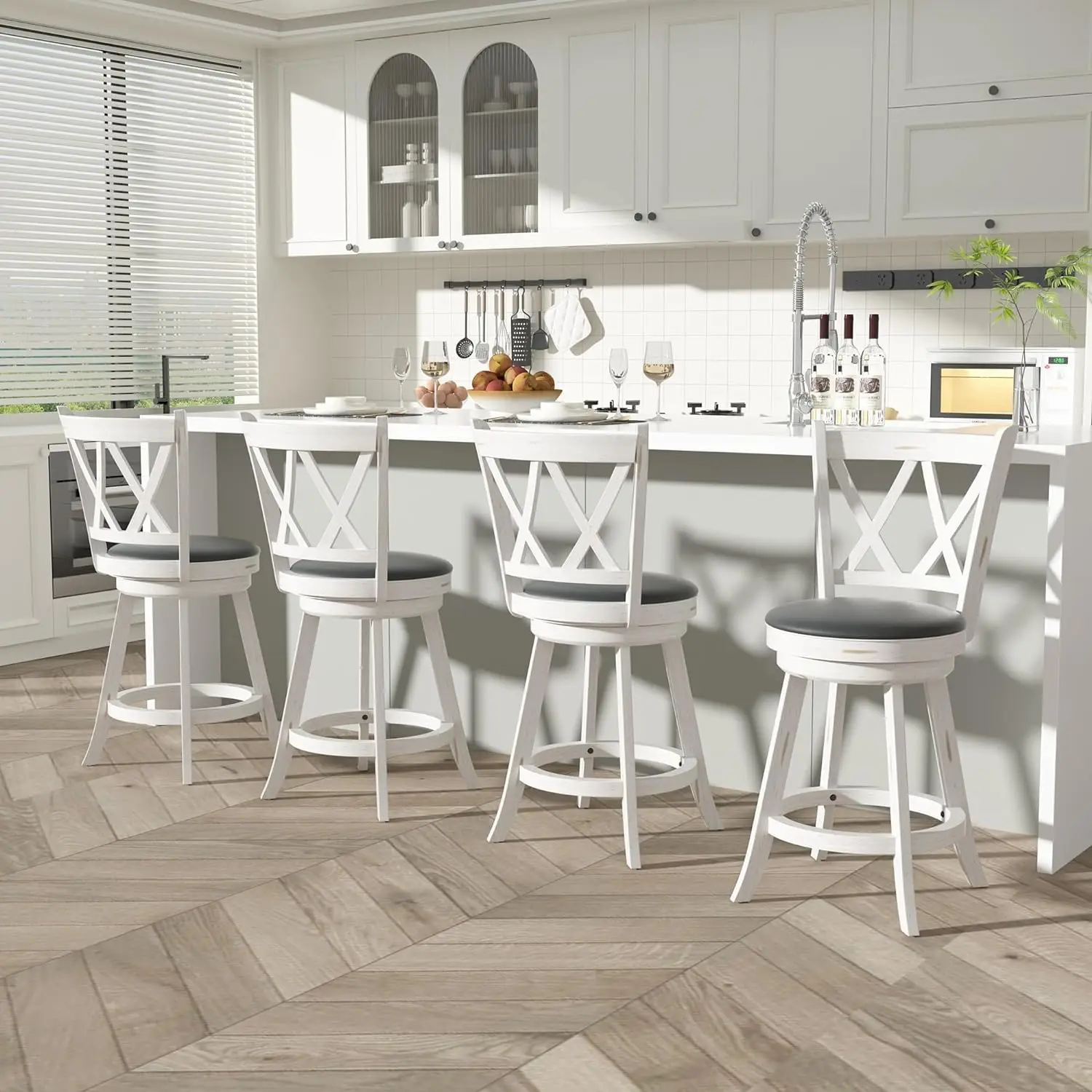 Height Swivel Bar Stools - High Back Swivel Counter Stools with Upholstered Seat & Solid Wood Footrest, Counter Bar Chairs for K