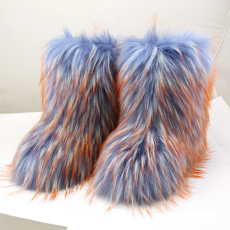 Women Winter Fluffy Faux Fur Calf High Snow Boots LAdies Sexy Furry Snow Boots Girl's Cold-proof Artificial Fur Boots Outdoor