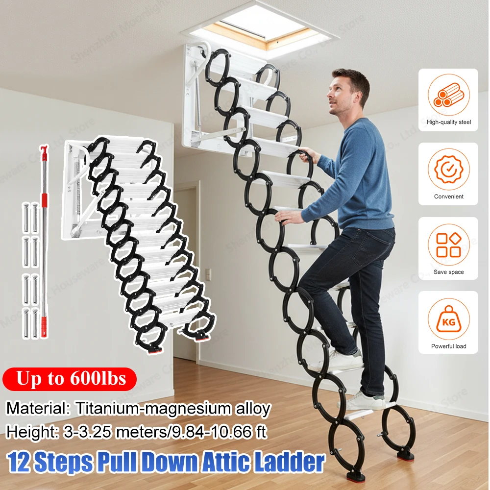 

Wall Mounted Telescopic Attic Stairs 12 Steps Pull Down Ladder 600lbs Load Anti Slip Steps 11.2ft for Home Loft Garage Basement