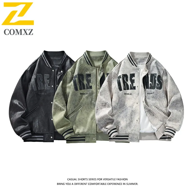 

COMXZ 2025 Men's Suede Stand Collar loose Jacket High Street American Style Workwear Trendy Zipper Detail Baseball Coat