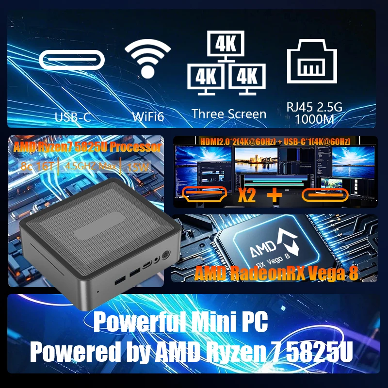 WUDUNG U58 ミニ PC AMD Ryzen7 5825U 4.5GHZ 16 グラム DDR4/512 グラム SSD WIFI6E BT5.2 サポート 3 スクリーン RJ45 2.5 グラム 1000 メートル Win 11 プロコンピュータ