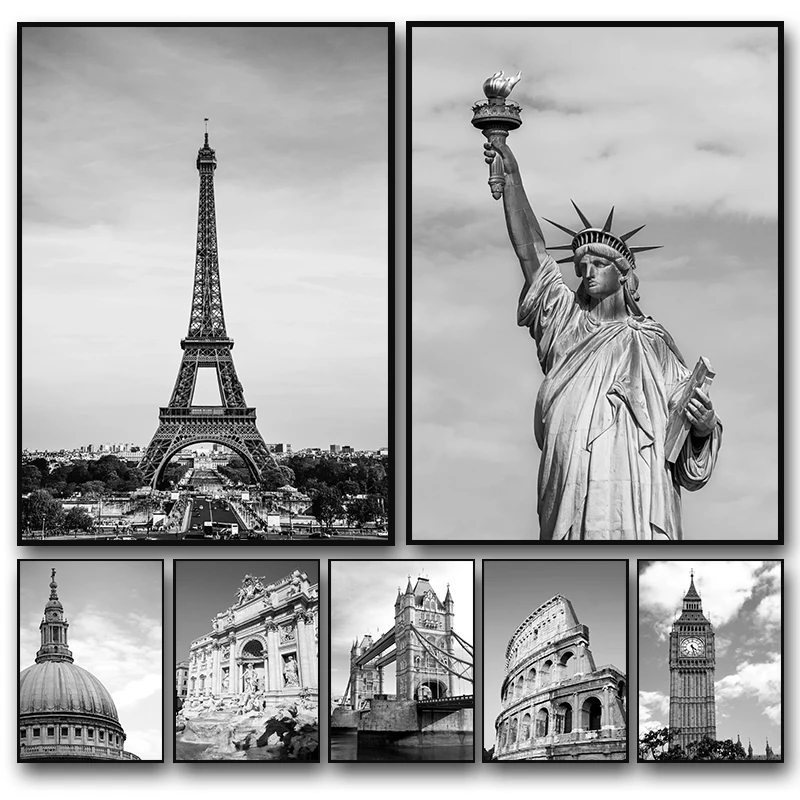 London Tower Bridge Rome New York Poster Print City Buildings Canvas Painting Black and White Wall Art Picture Living Room De