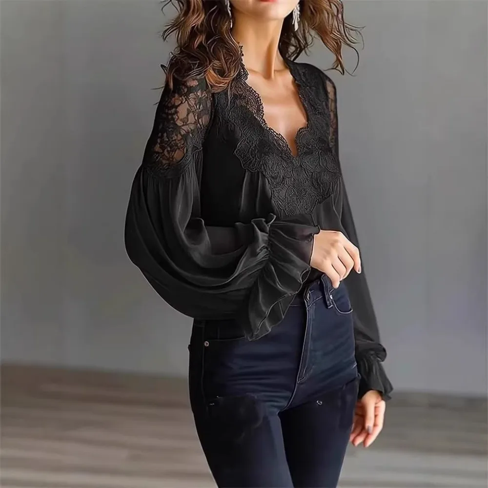 

Fashion Shirt Lace Splicing Tops Solid Color Breathable V Neck Sheath Tees French Style Comfortable Lantern Sleeves Blouse Lady