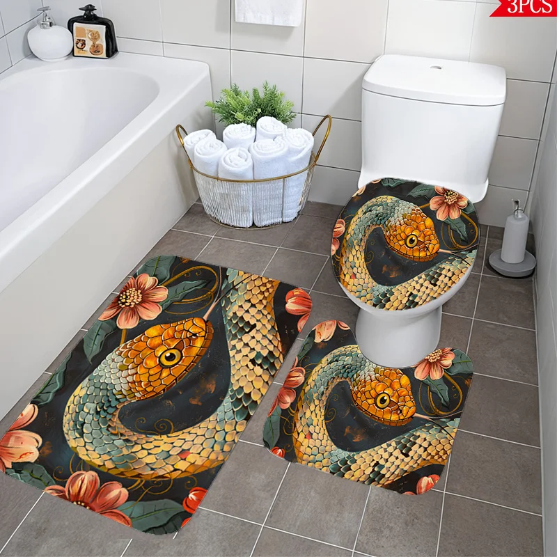 

Набор для ванной Snake 3pc - черный фон, художественный дизайн с изображением рептилий, фланелевая накладка на крышку унитаза и мягкий нескользящий коврик для пола.