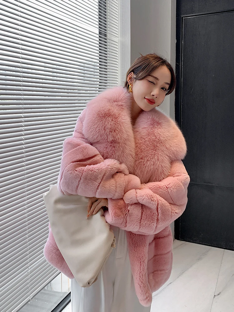 

Fashion Women Real Rex Rabbit Fur Coats Long Natural Full Pelt Chinchilla Color Rabbit Fur Jackets With Real Fox Fur Collar Over