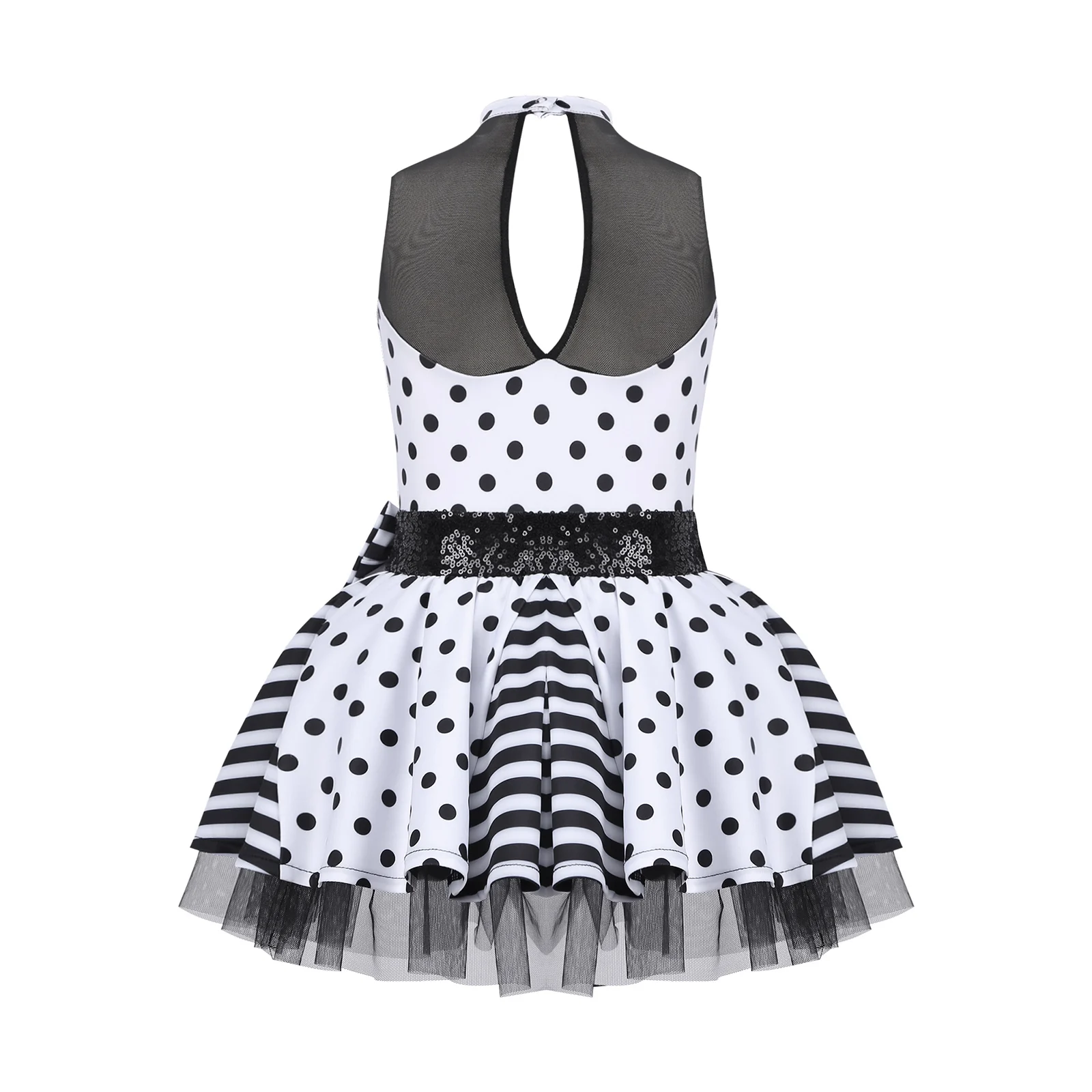 Kids Girls Polka Dots Sequins Sleeveless Mock Neck Bowknot Ballet Dance Tutu Dress Leotard Stage Performance Costume Dancewear