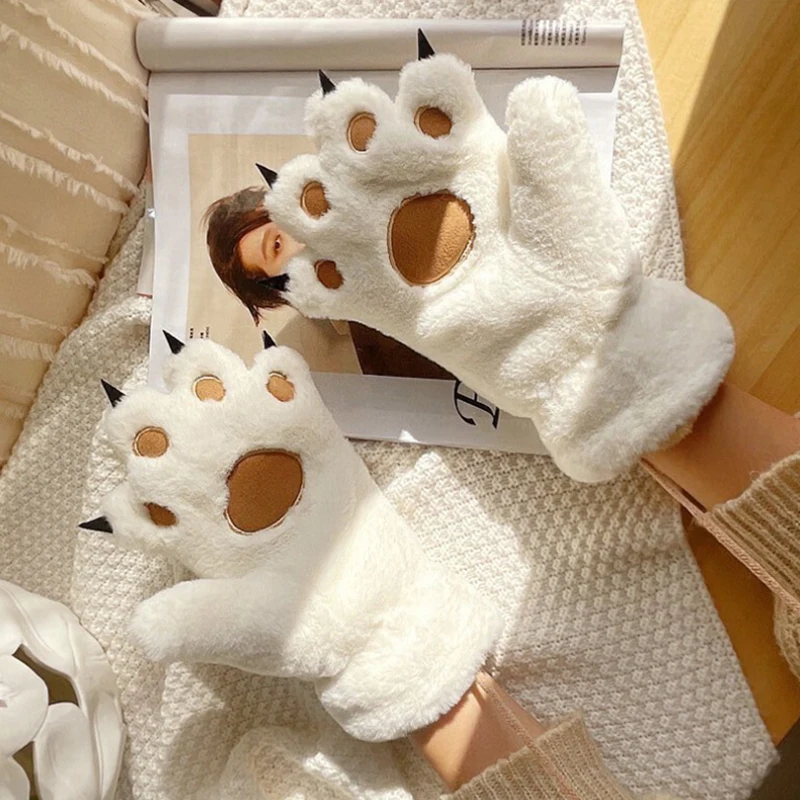 1 Pair Winter Women Bear Palm Paw Plush Gloves Lovers Plushclaw Glove Fluffy Cat Paw Full Finger Gloves Contains Plush Inside