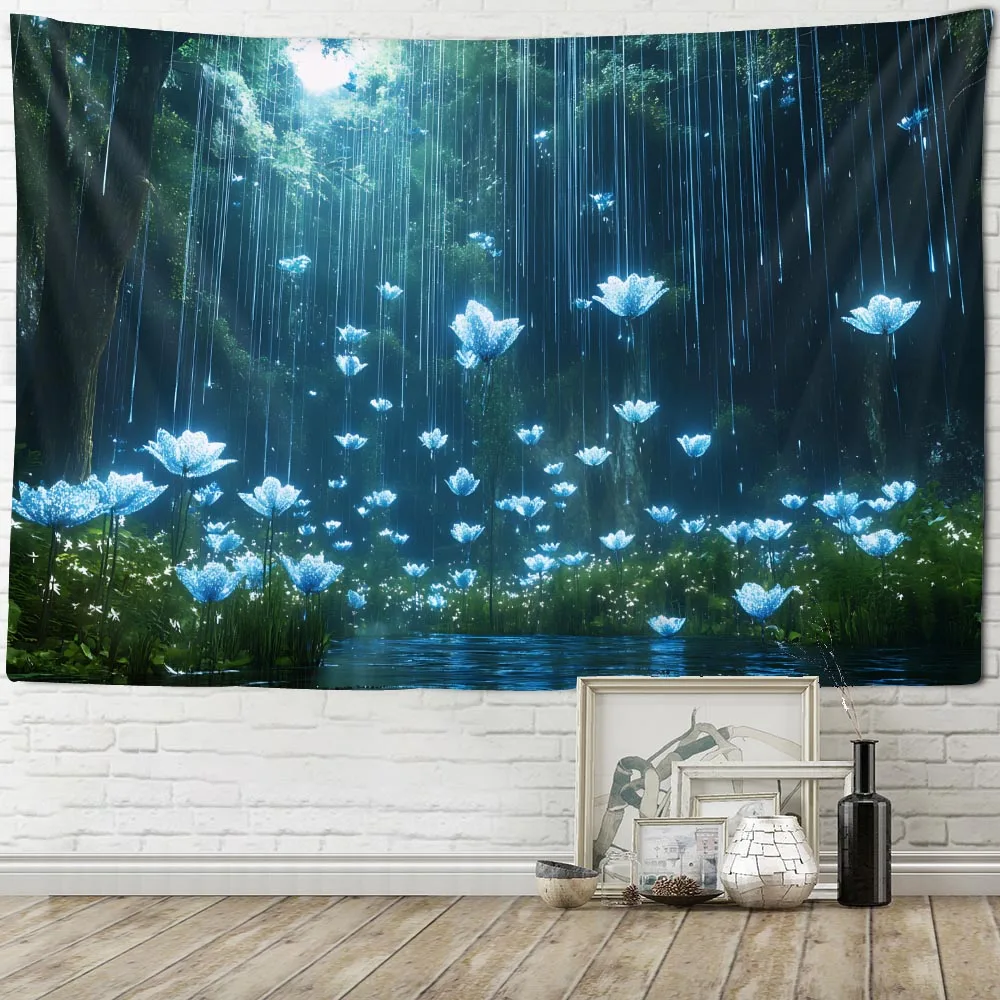 Dreamy Forest Luminous Flower Tapestry Multi-Size Wall Hanging Aesthetic Background Home Decor Artistic Wall Art