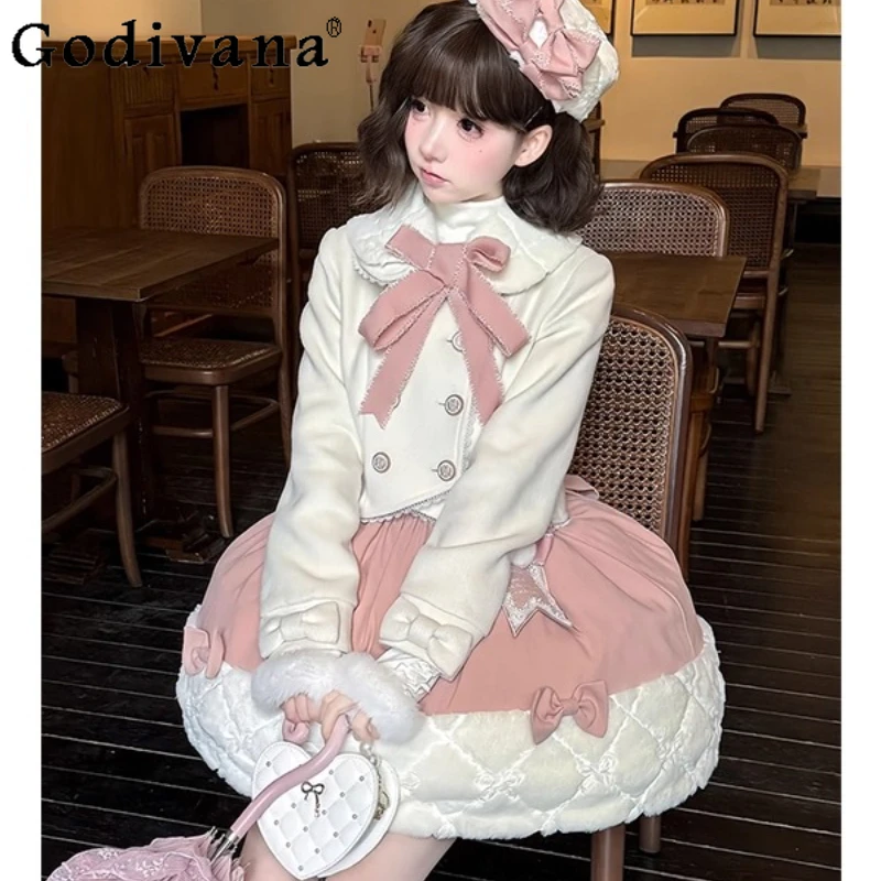 

Autumn Winter Lolita Set Women Double Breasted Jacket Patchwork Skirt Two Piece Suits Girls Pink Sweet Cute Bow Skirt Outfits
