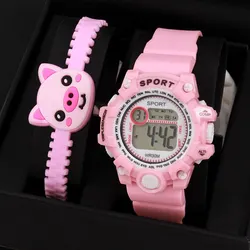 Girls Kids Children Student Pink Women Lady Clock Calendar Silica Gel Cartoon Pig Bracelet Quartz Wrist Watch