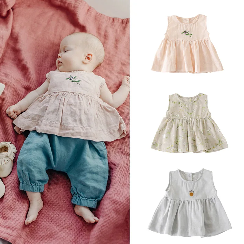 

RomperDew Girls Casual Shirt Cotton Linen Hand Embroidered Baby Vest T-Shirt Infant Toddler Sleeveless Top