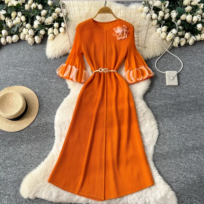 

Miyake Pleated Dresses 2026 New Long Petal Sleeve Straight Elastic Women's Plus Size Long Dress Formal Occasion Elegant Clothing