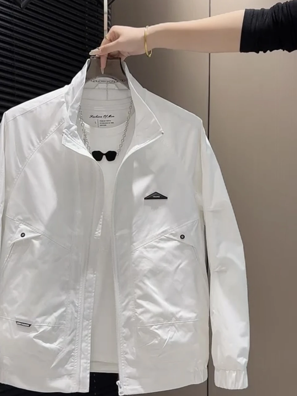 

Spring Autumn Men's Faion Stand Collar Jaet Slim Fit Workwear Outerwear Haome Trendy Pure Color Iron Free Garment