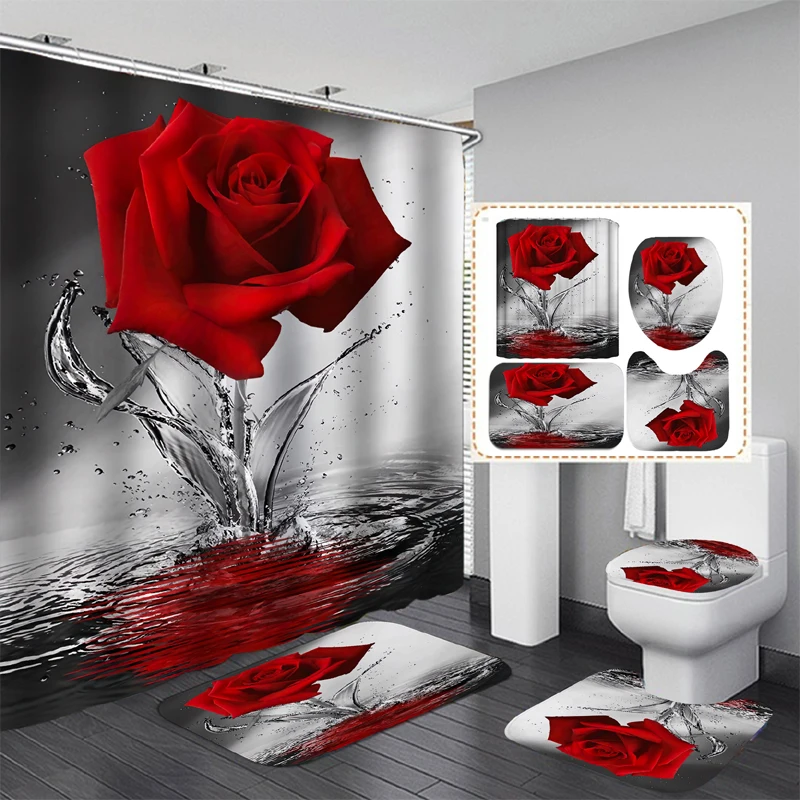 Red Rose Flowers Bathroom Curtains Print Fabric Shower Curtain Set Bath Mats Rugs Toilet Lid Cover Anti-skid Carpet Home Decor