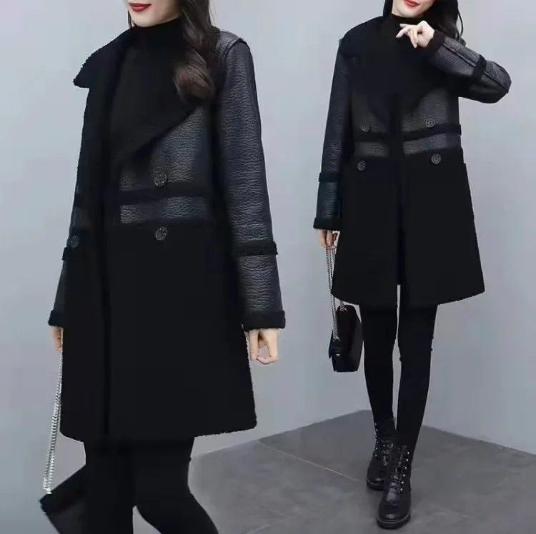 Women Coats Faux Leather Mid Length Jackets Turn Down Collar Pu Coat Work Y2k Streetwear Jacket Thick Warm Outerwear
