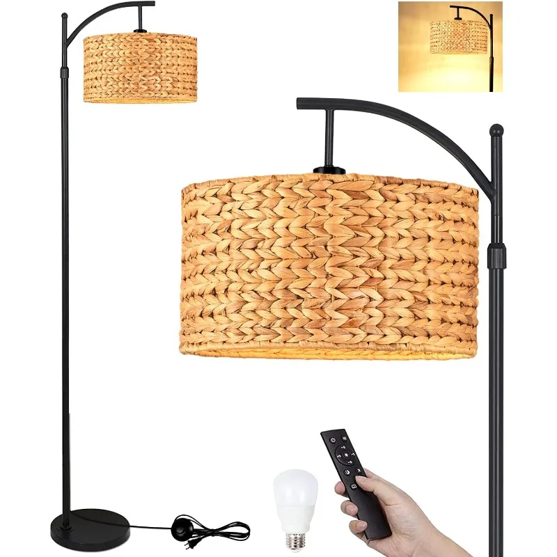 

Floor Lamp for Living Room Bedroom Farmhouse Arc Rattan Boho Standing Lamp with Remote Dimmable Black Wicker Bamboo Lamp Shade
