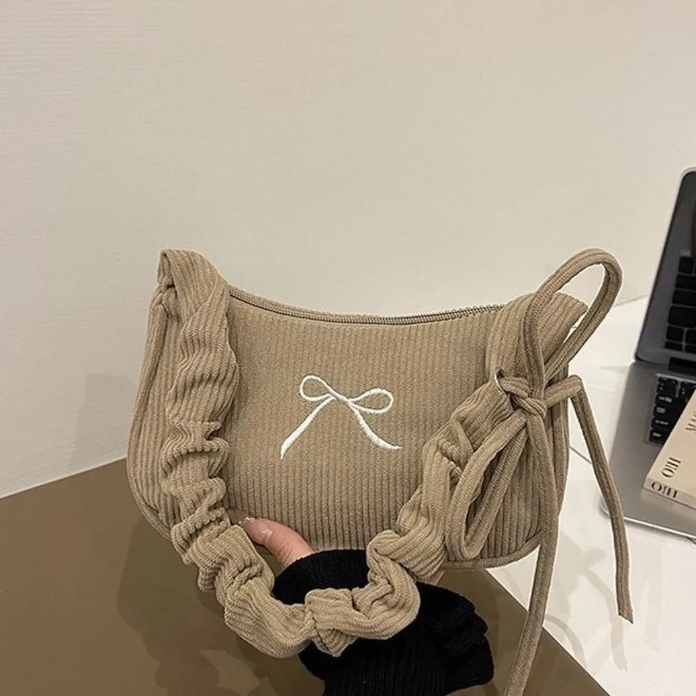 Zipper Closure Corduroy Shoulder Bag Polyester Lining Adjustable Strap Ruched Underarm Bag Bow Embroidery Cute Handbag Commute