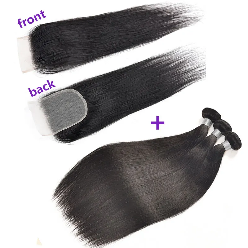 4x4 HD Lace Closure Brazilian Transparent Pre Plucked Remy Straight Human Hair Bundles 10A 3 Bundles with Closure for Women