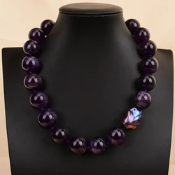 GG 18'' Big Stone Natural 20mm Purple Amethyst Quartz Round Beads Black Keshi Baroque Pearl Chokers Necklace Handmade For Lady