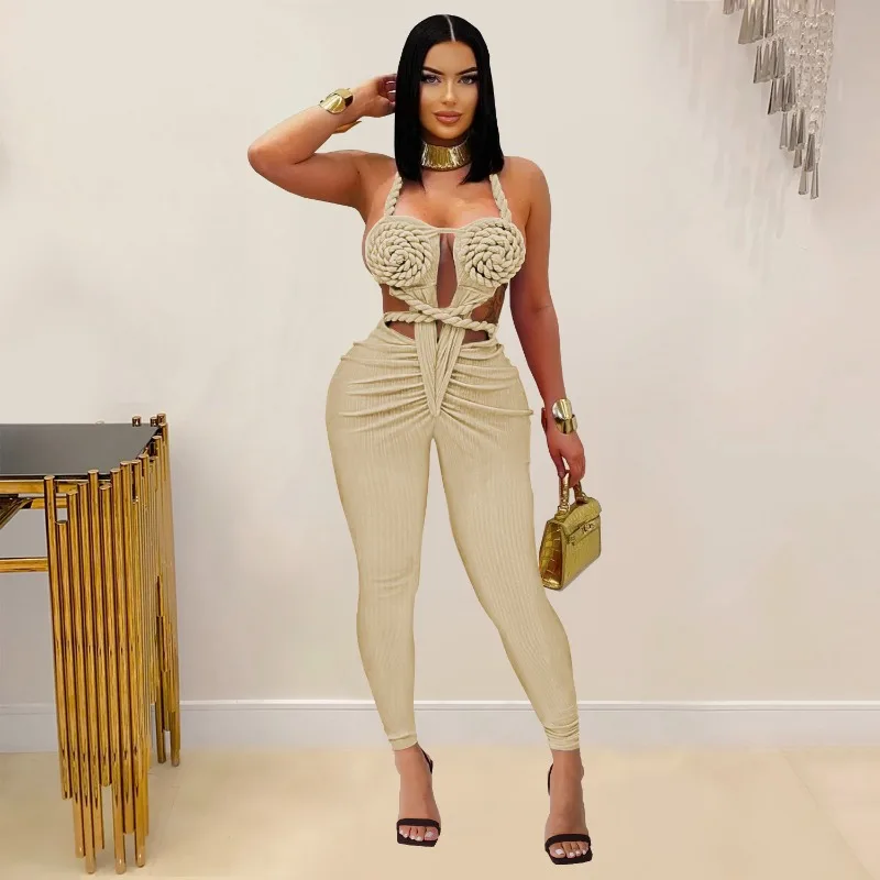 KEXU セクシーなホルターネックニットリブシャーリング積層ジャンプスーツ女性夏休みビーチロンパース遊び着ワンピースセット衣装