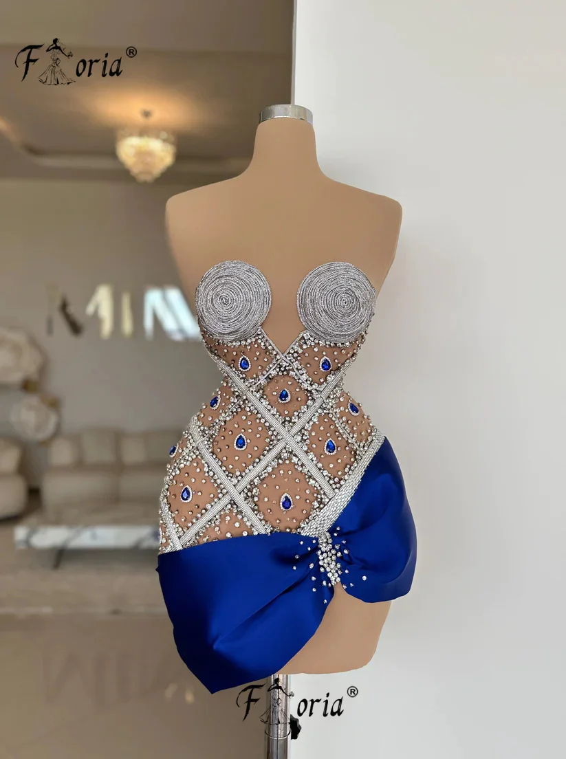 Chic Royal Blue Crystal Stones Dress Party Mermaid Silver Beads Graceful Prom Party Dresses Vestido de Festa Cocktail Dresses