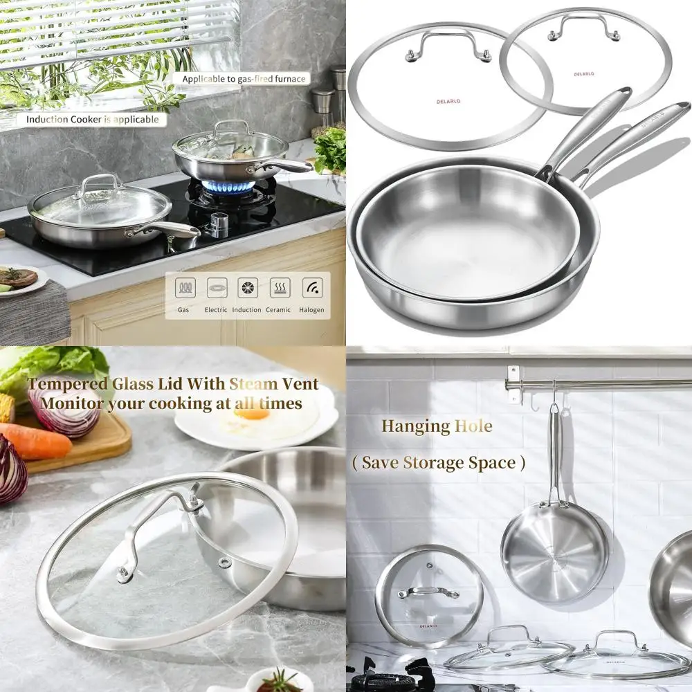 

10.5 & 12.5 Tri-Ply Stainless Steel Frying Pan Set with Lid, Induction Compatible Chef's Pan and Pots, Suitable for All Stoves
