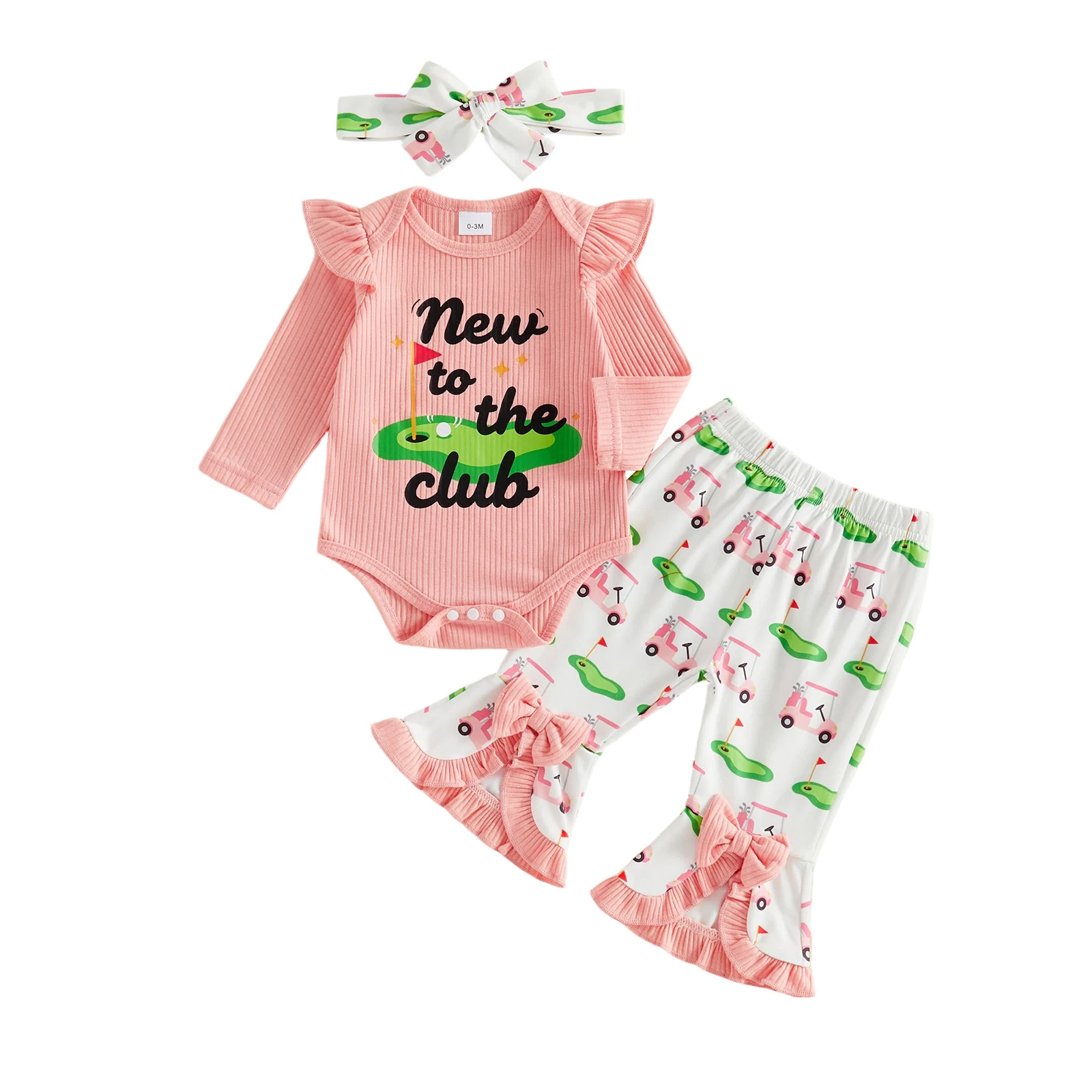 Baby Girl Fall Outfits Letter Golf Print Romper Flare Pants and Headband
